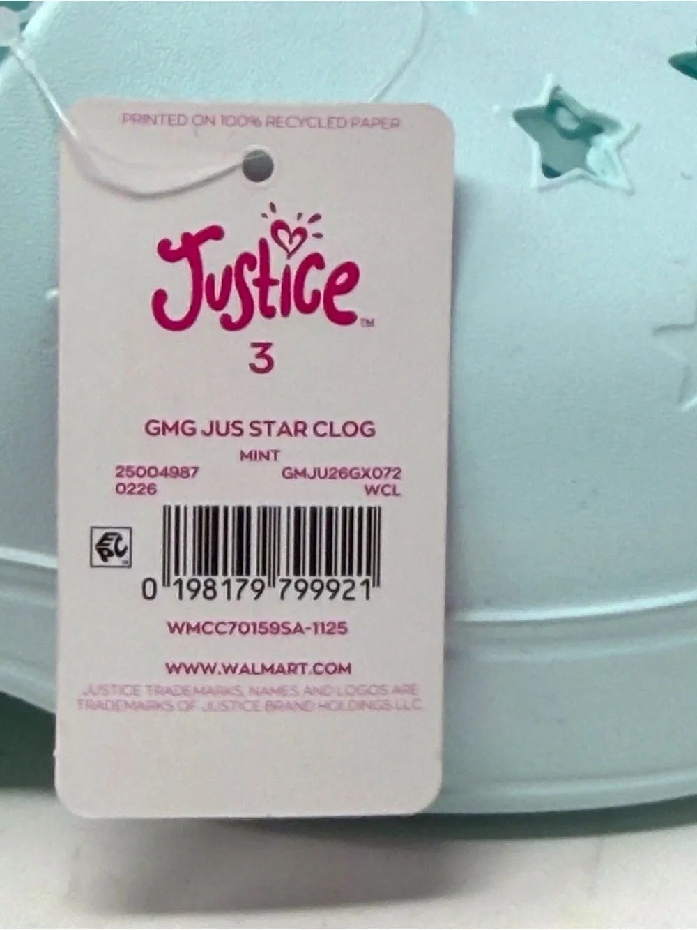 Justice Mint Green Star Clog Sandals girls size US 3 /EU 35 NWT